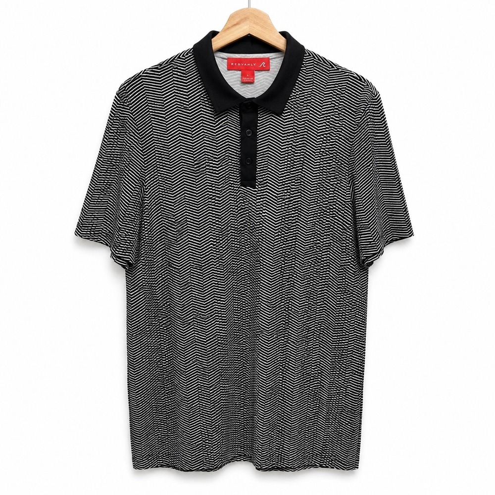 REDVANLY Mens Golf Polo Shirt Large Black White Chevron Zig Zag Short Sleeve L